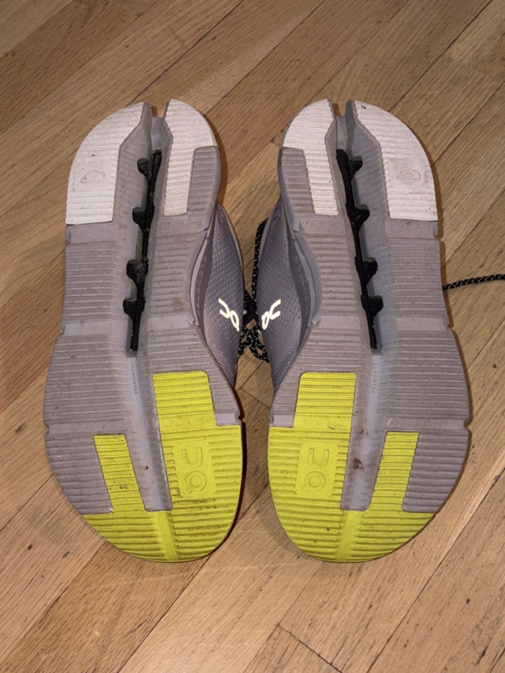 On Running Gray Sneakers with Neon Yellow Soles - Picture 2 of 6